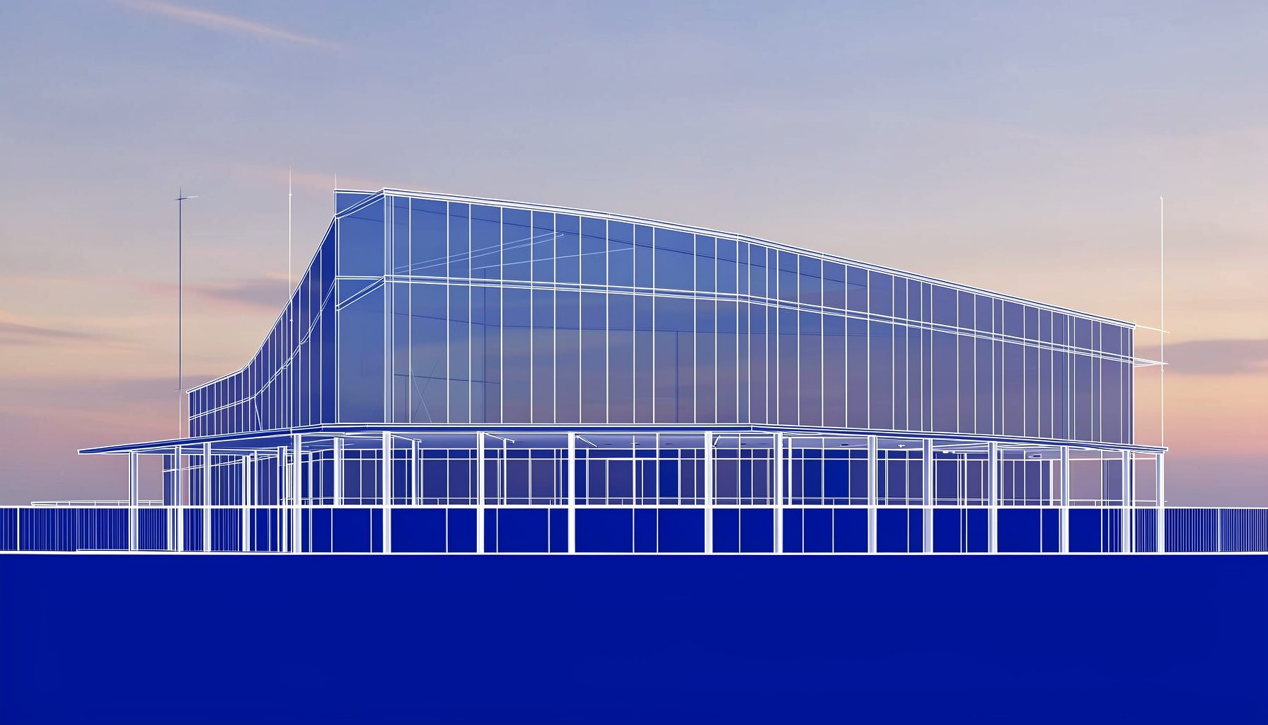 Façade moderne du Centre de congrès Vinci à Tours, lignes épurées de verre et d'acier sous un ciel doux de fin d'après-midi