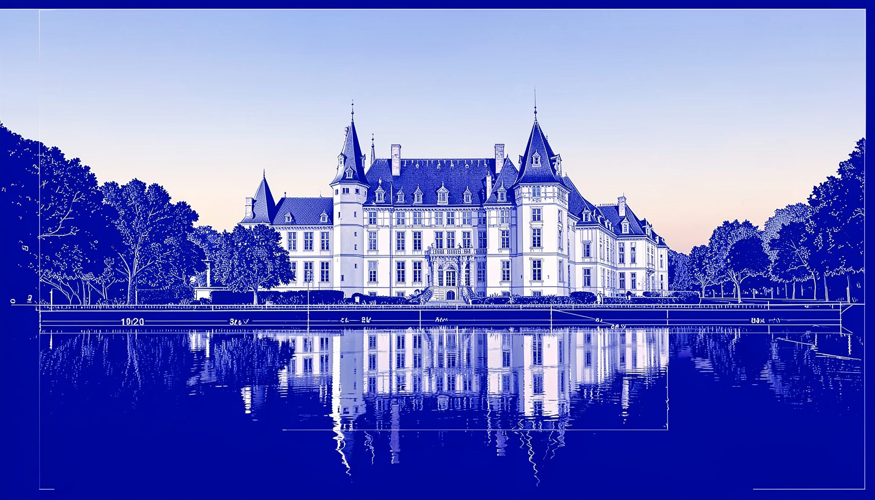 Vue panoramique d'un château de la Loire aux toits d'ardoise et tourelles élancées, se reflétant dans une rivière calme sous un ciel doux de fin d'après-midi