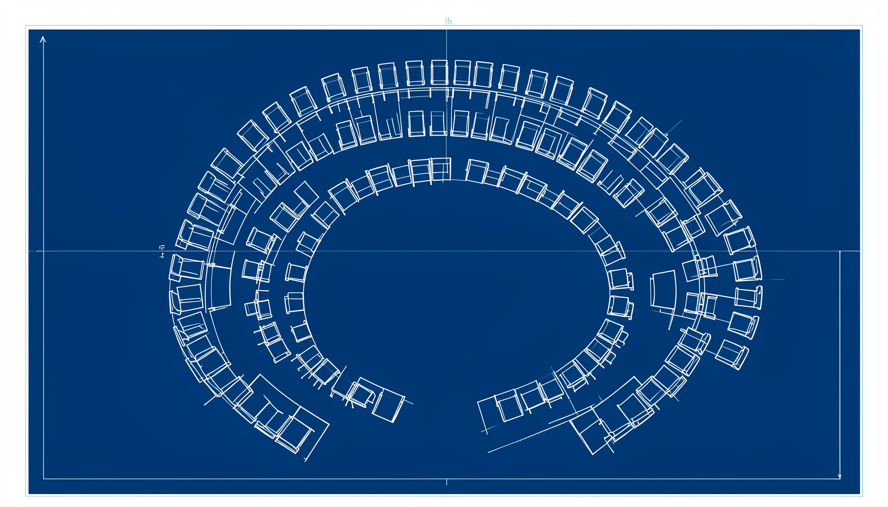 Dessin technique d'un plan de congrès montrant une disposition de salle de conférence avec des rangées de sièges en arc de cercle, dans des tons bleu marine et cyan sur fond blanc
