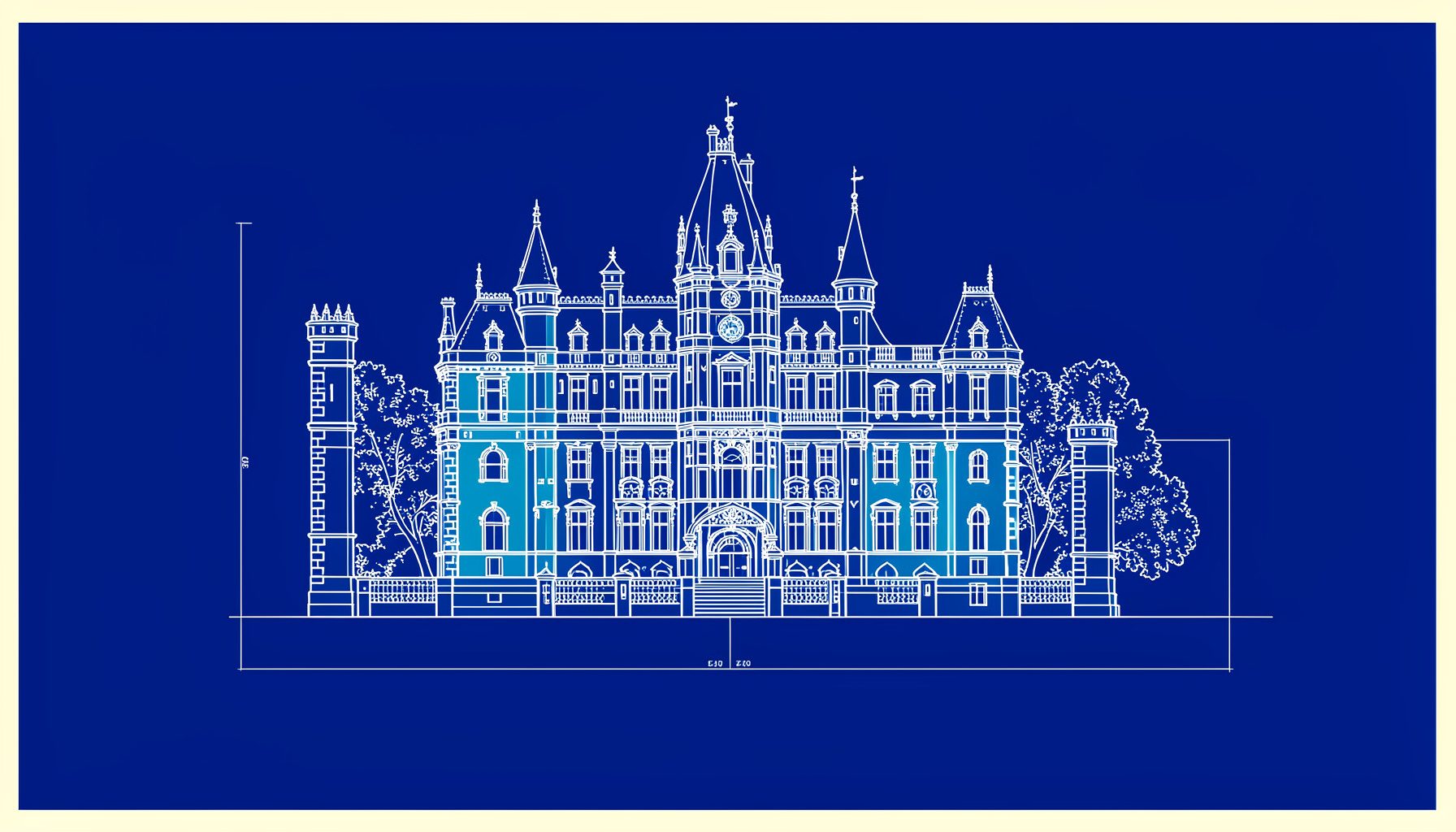 Illustration architecturale d'un château de la Loire en coupe, rendu en traits bleu marine et rehauts cyan sur fond crème